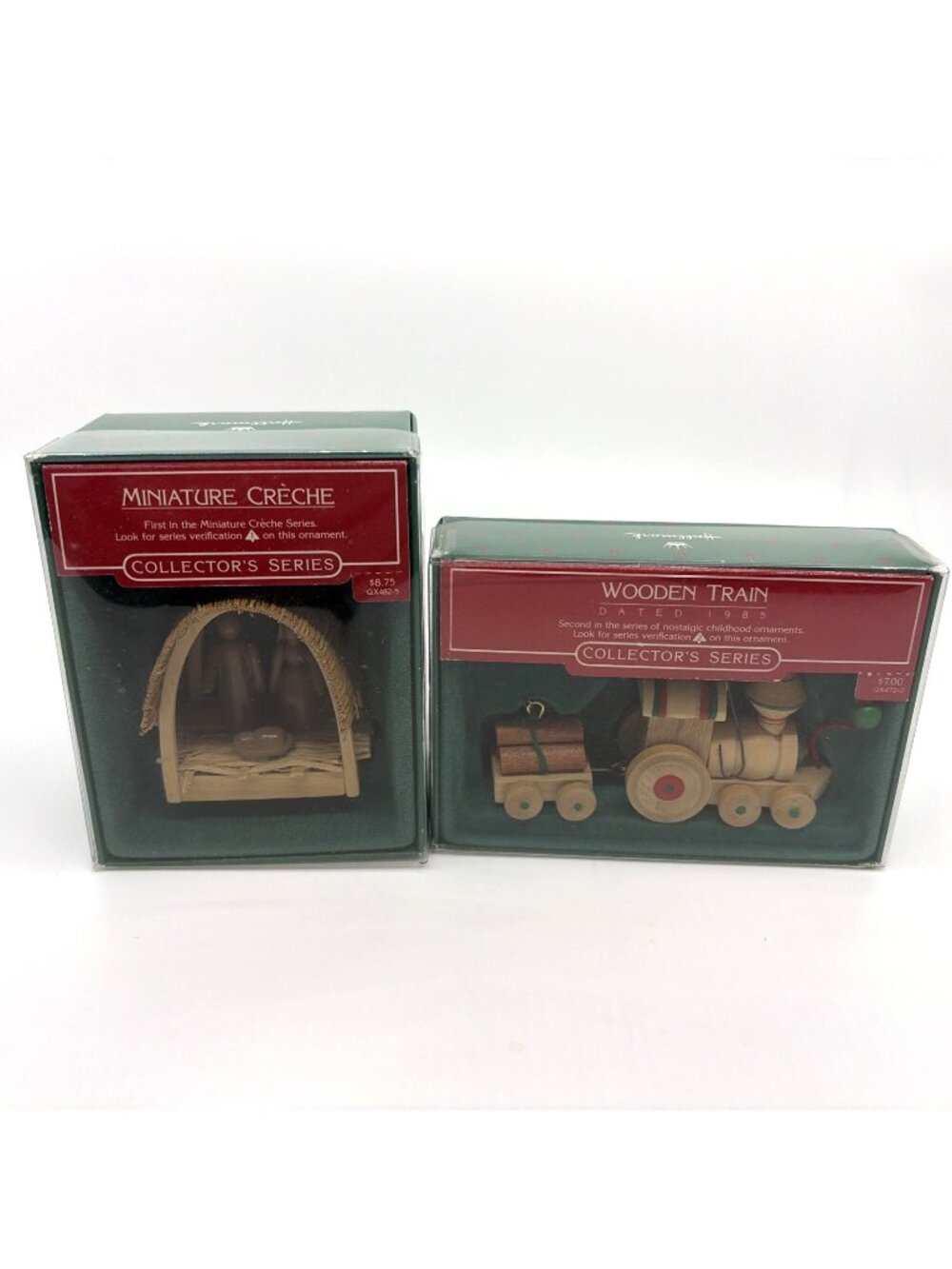 Lot 2 1985 Hallmark Wooden Ornaments Miniature Creche Nativity & Toy Train VTG